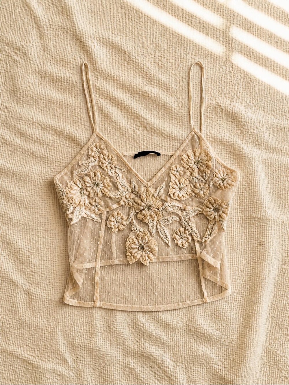 Zara Beige Floral Embroidered Sheer Cami